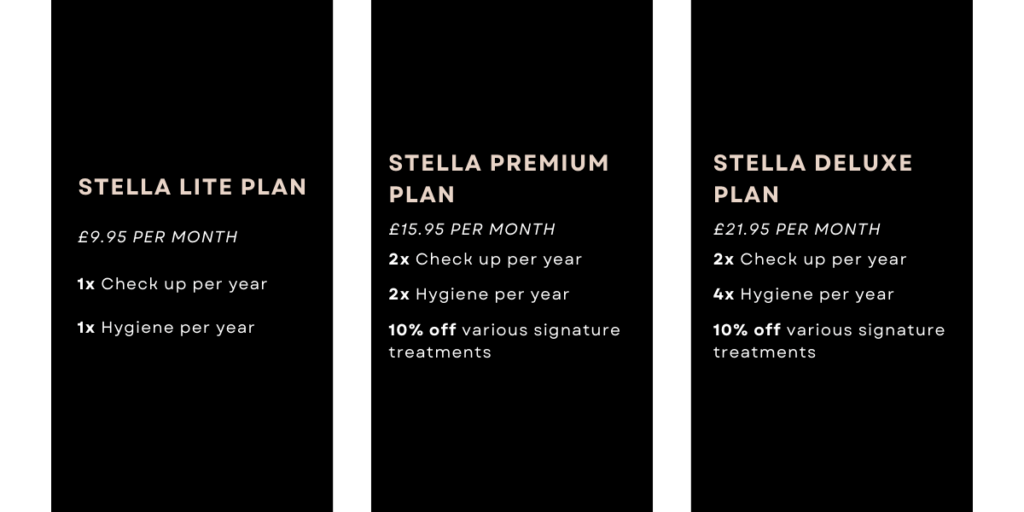 Plans and packages Stella lite plan, £9.95 per month, 1 check up per year, 1 hygiene per year. Stella premium plan, £15.95 per mont, 2 check ups per year, 2 hygienes per year, 10% off various signature treatments. Stella deluxe plan, £21.95 per month, 2 check ups per year, 4 hygienes per year, 10% off various treatments Stafford Dental Practice