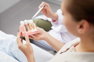 Woman holding a model of a dental implant in the gum with a dentist pointing at the model