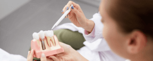Woman holding a model of a dental implant with the dentist pointing at the model.